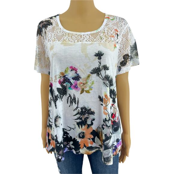 Essentials by Milano (L) White Multi Floral Doily Lace Short Sleeve Tee Shirt - Picture 1 of 7